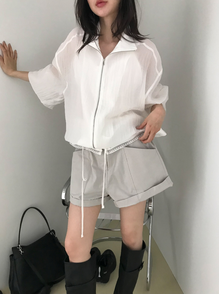 透膚抽繩下擺拉鏈外套