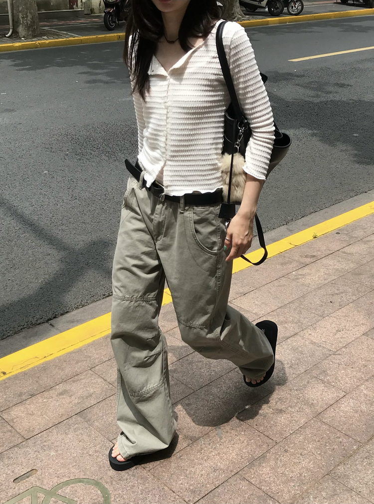 復古壓線細節工裝直褲