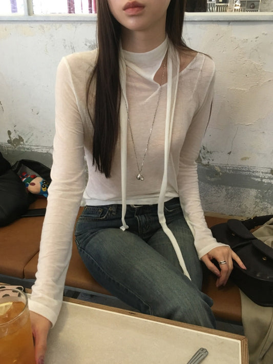 微透側縷空領帶細節上衣