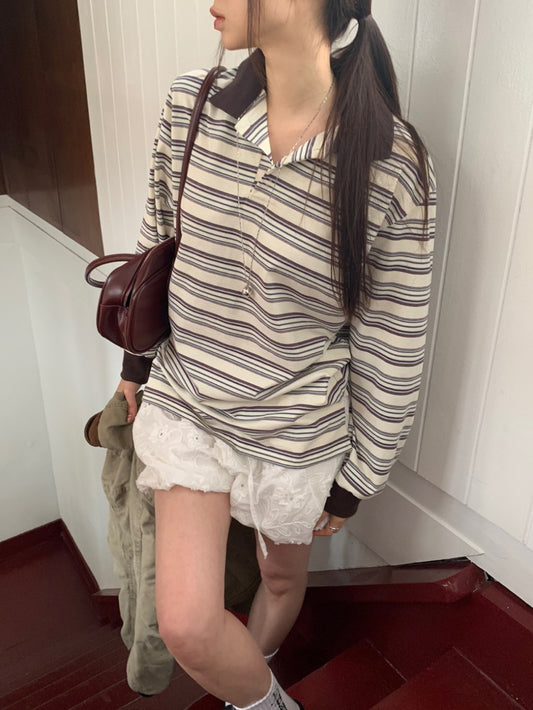 翻領條紋寬鬆上衣