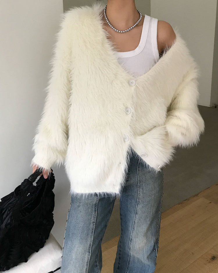 仿水貂毛質感排鈕寬鬆外套