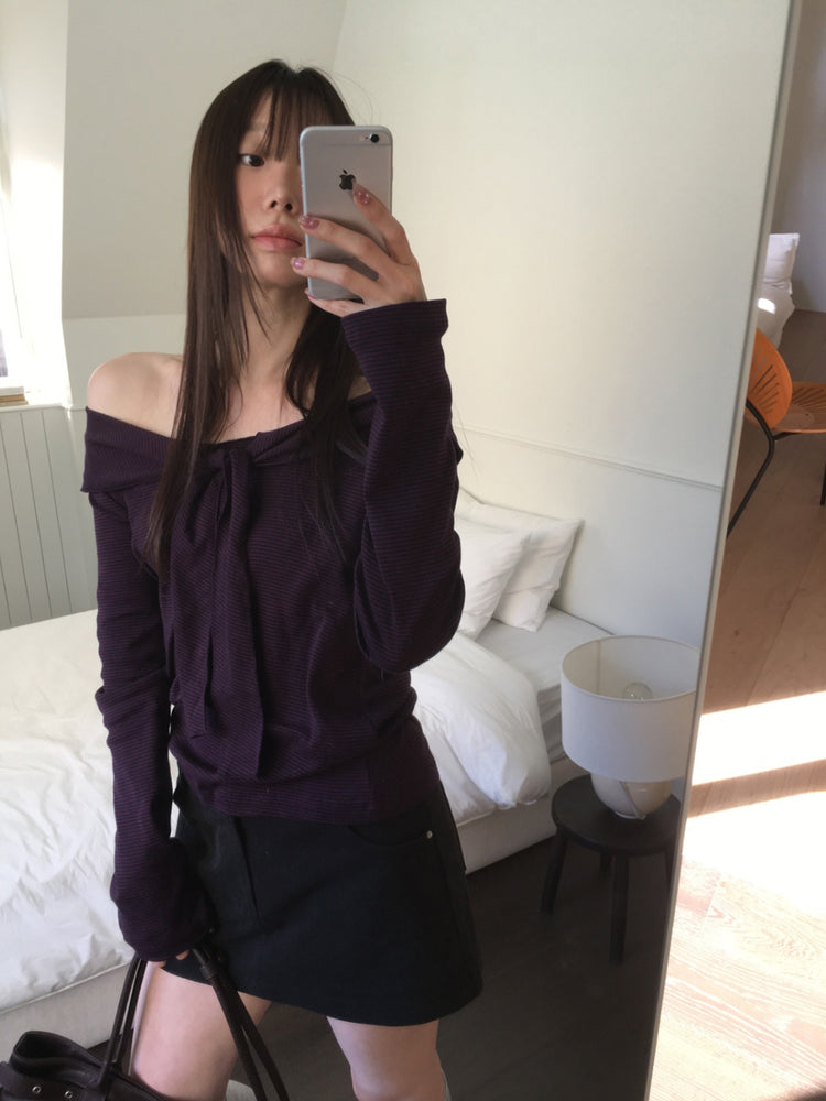 美肩垂帶領結條紋上衣