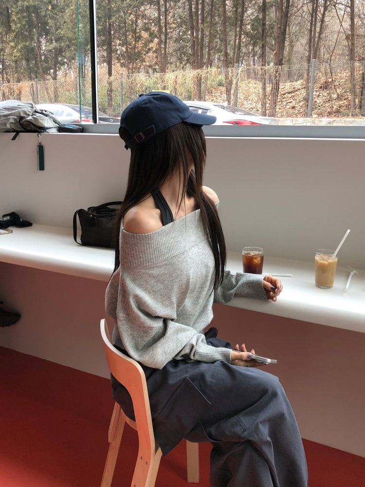 美肩寬帶寬鬆修腰針織上衣
