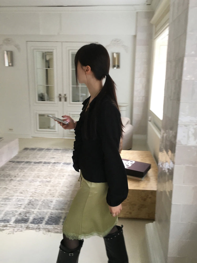 蕾絲邊霧光澤側小開叉半裙