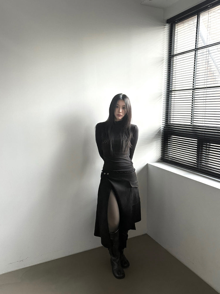 交疊側開叉不對稱細節裙