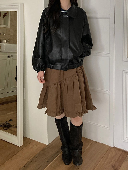 荷葉邊不對稱壓線細節中裙