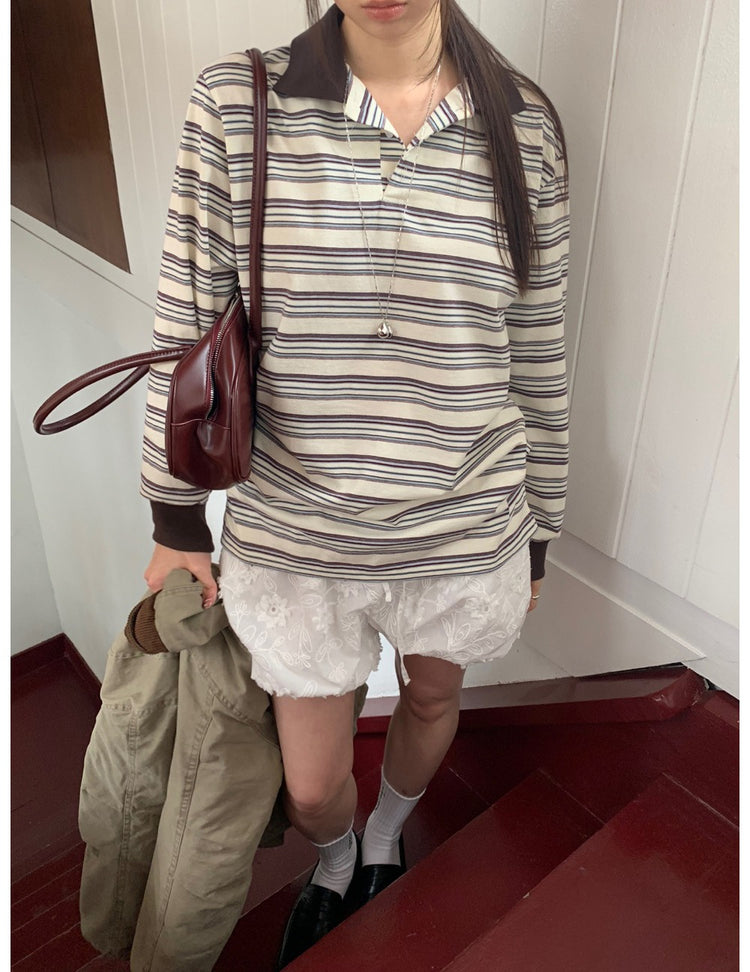 翻領條紋寬鬆上衣