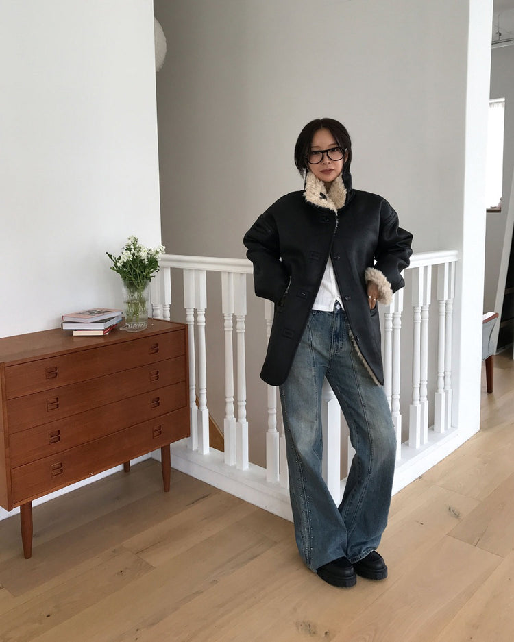 弧壓線側鉚釘細節牛仔褲