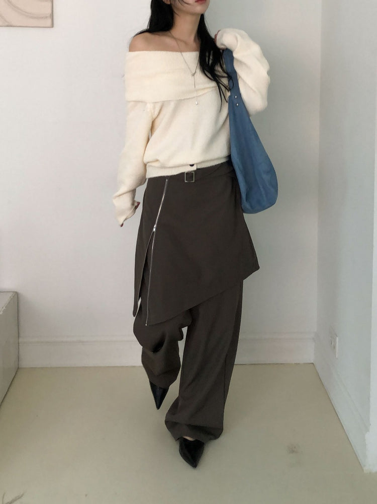 美肩下擺扣鈕細節針織上衣