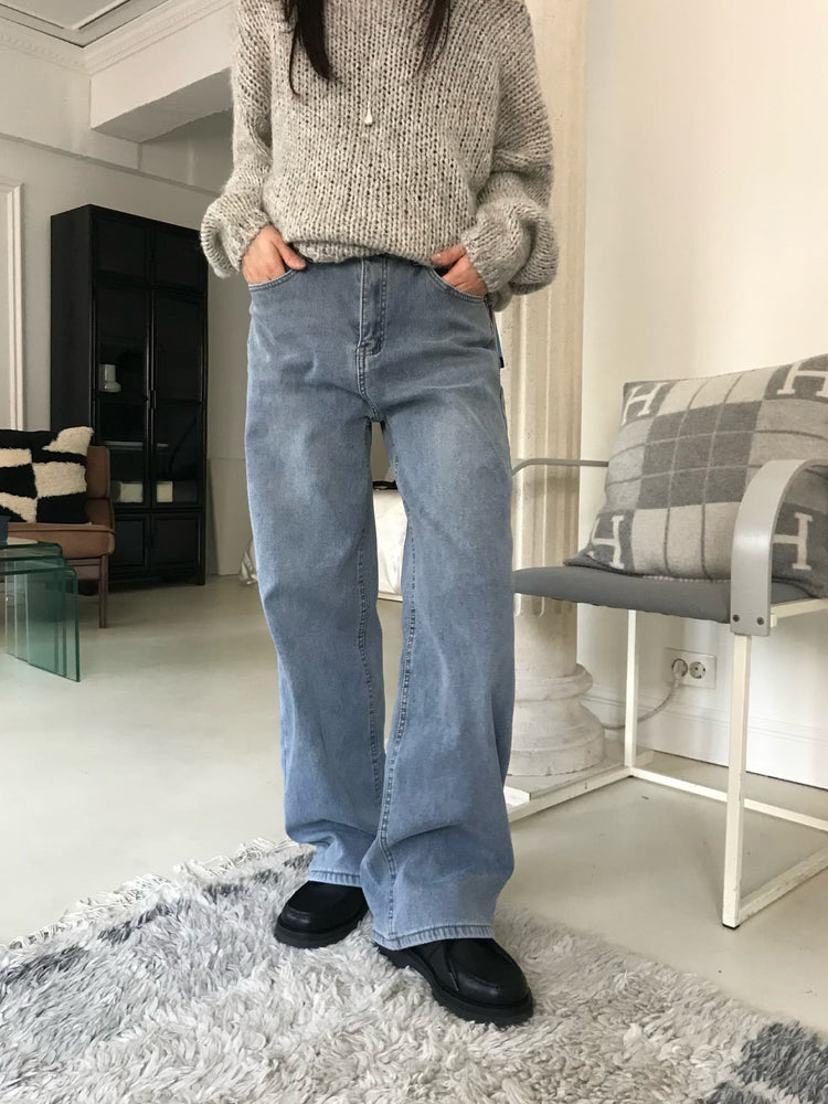 隱形橡筋腰頭直腿內刷毛牛仔褲