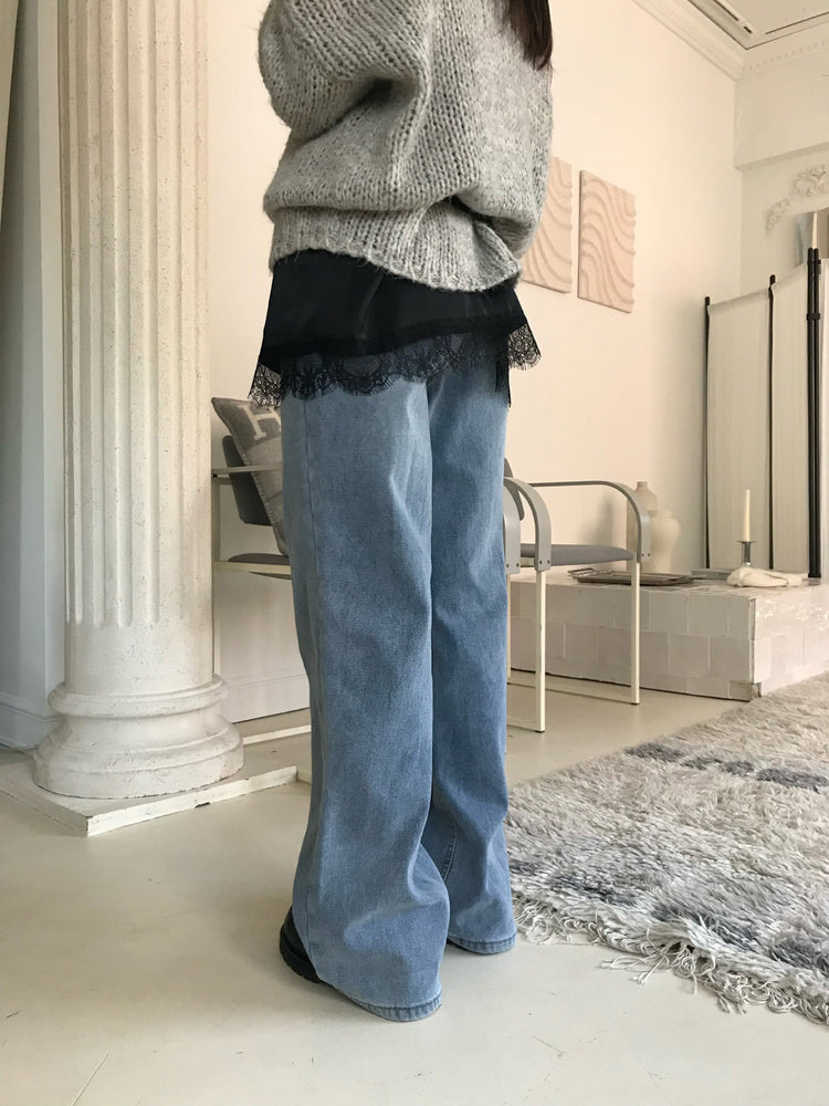 隱形橡筋腰頭直腿內刷毛牛仔褲