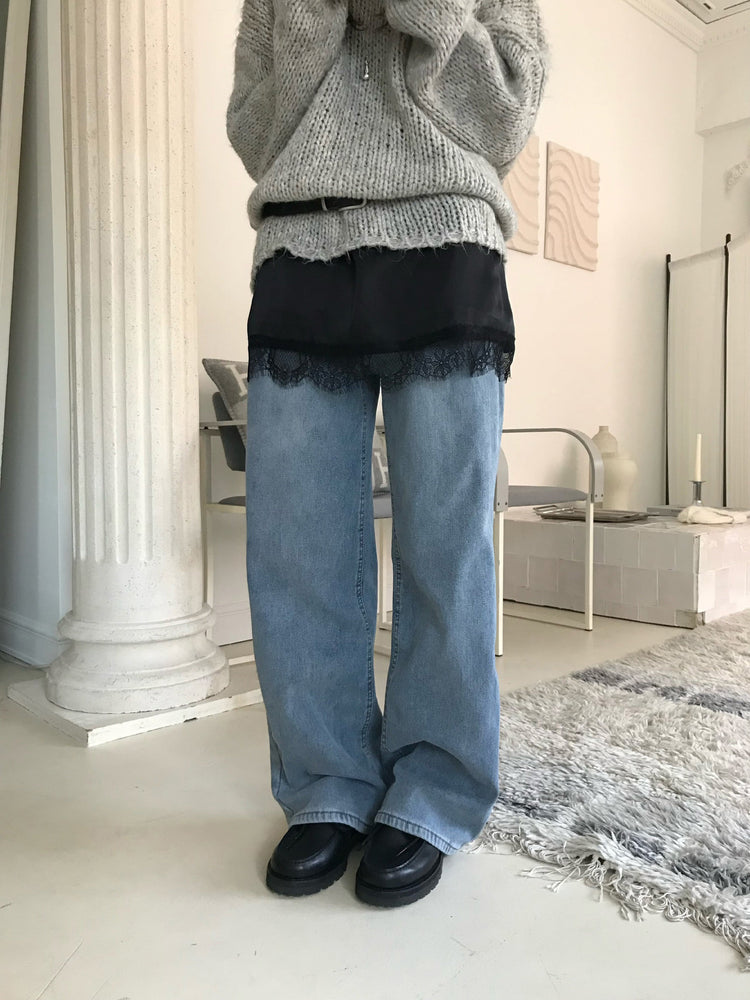 隱形橡筋腰頭直腿內刷毛牛仔褲