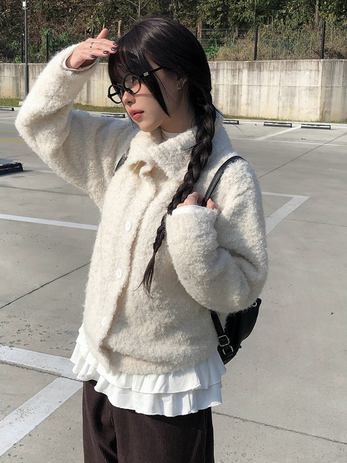 圈毛可立領排鈕針織外套