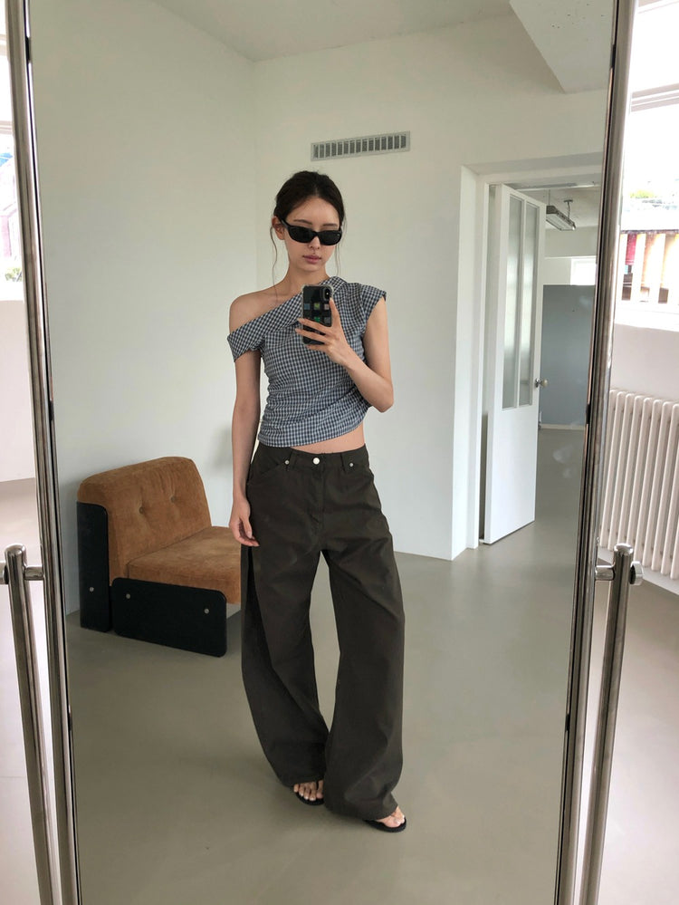 側露肩格紋修身上衣