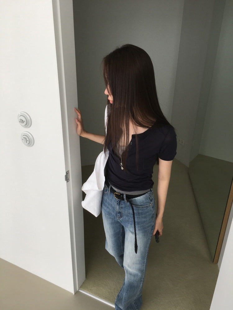 透膚亨利領修身上衣