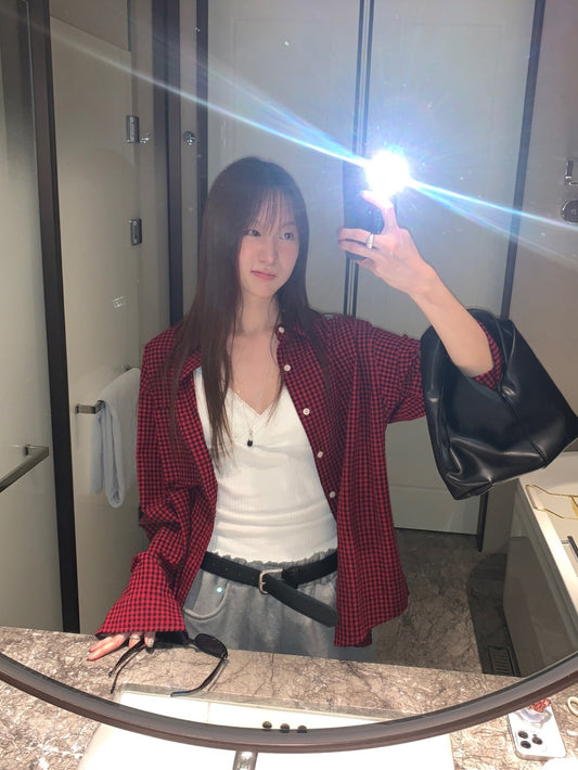 復古美色格紋寬鬆襯衫