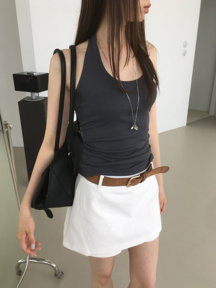 S/S 美肩撞色掛脖兩件式上衣