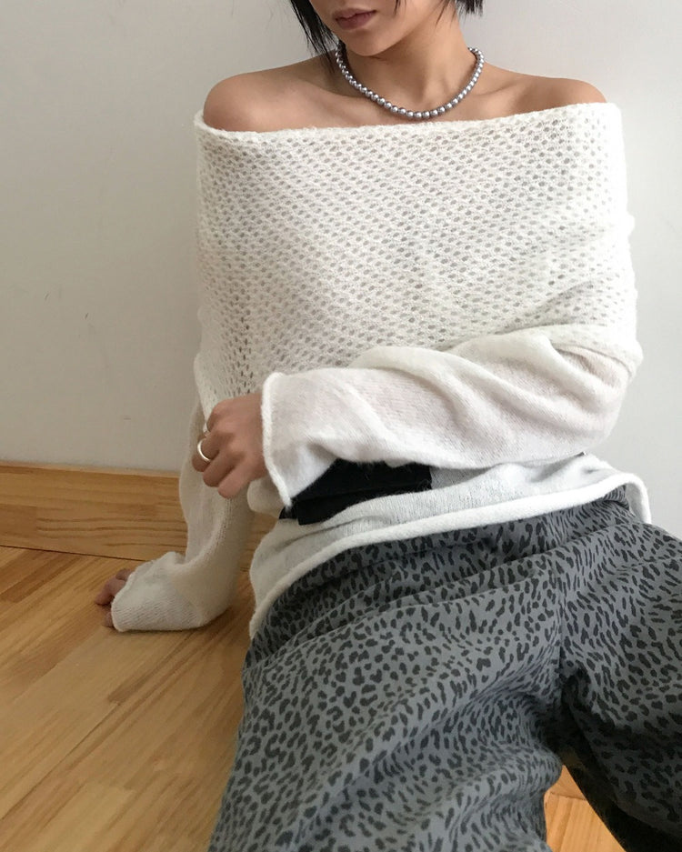 美肩微透紋理細節針織上衣