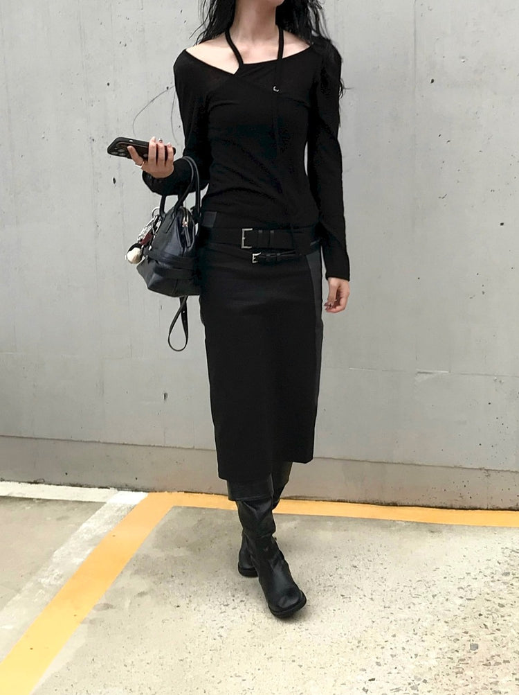天絲微透膚不對稱垂帶設計上衣