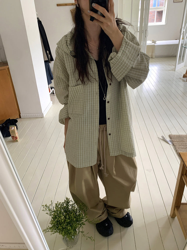 輕薄連帽格紋寬鬆襯衫