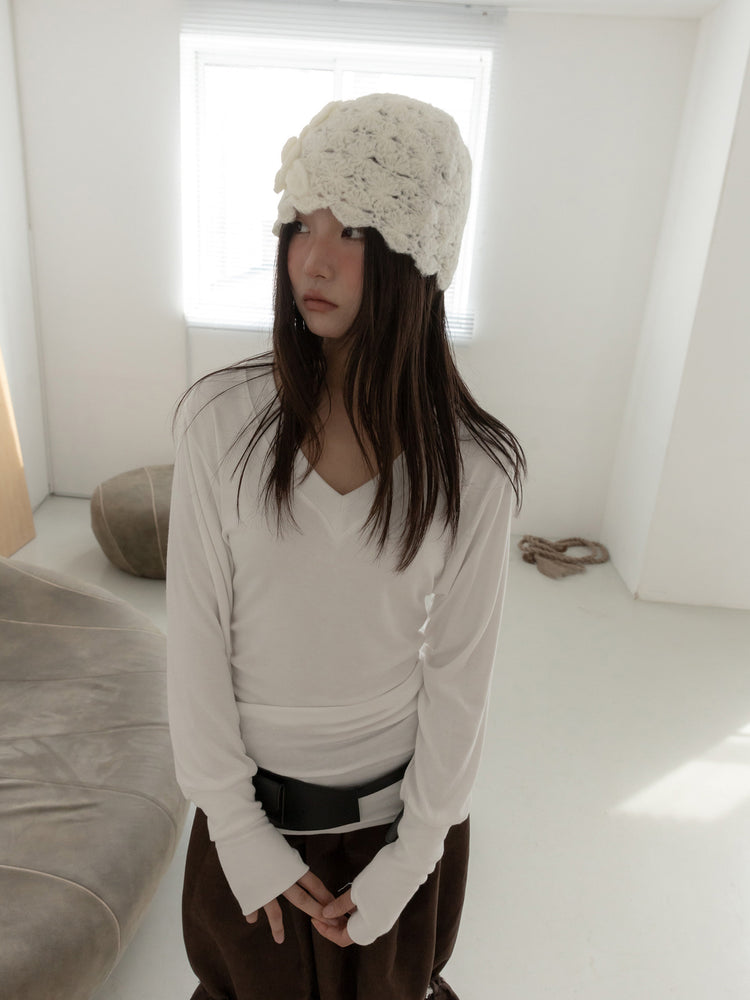 V領袖扣細節修腰上衣