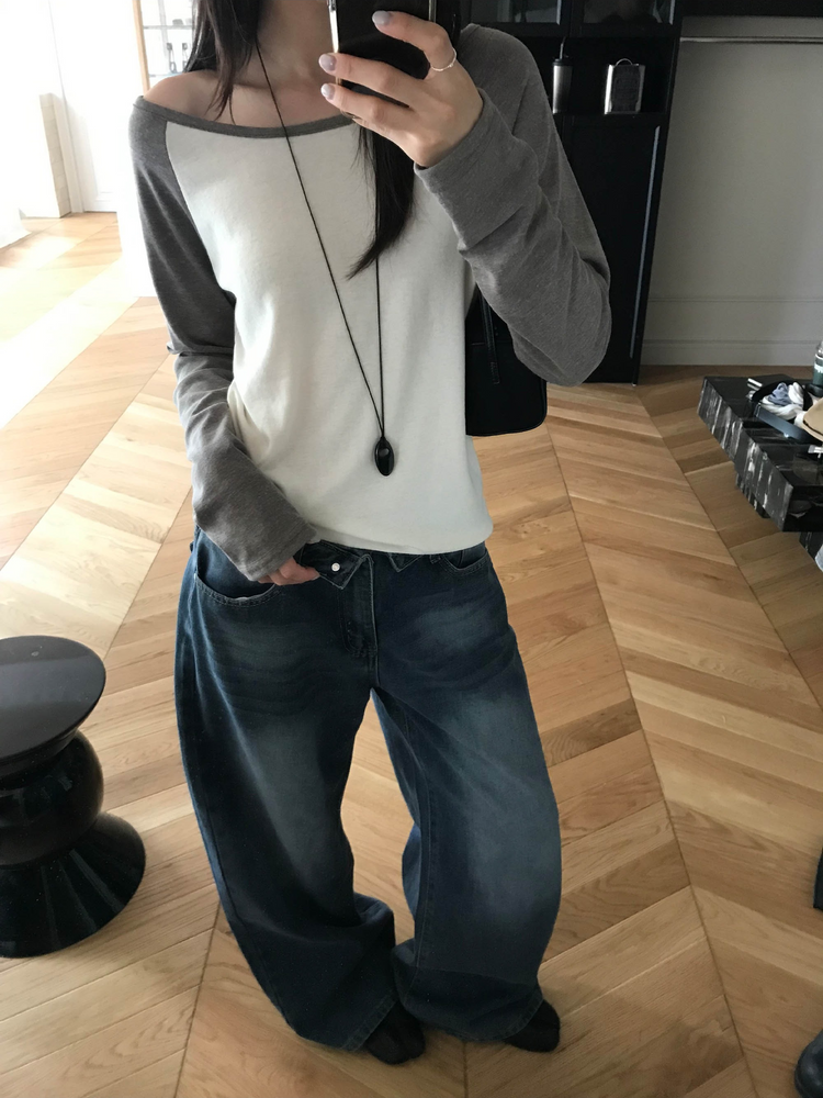 美肩撞色牛角袖細節上衣