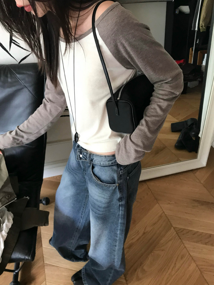 美肩撞色牛角袖細節上衣