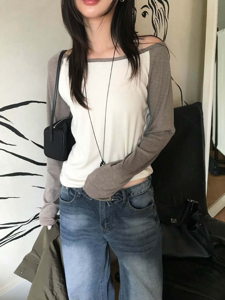 美肩撞色牛角袖細節上衣