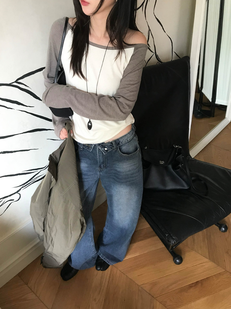 美肩撞色牛角袖細節上衣