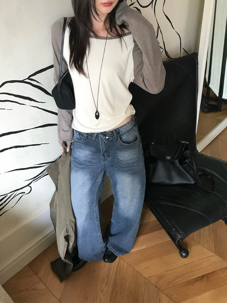 美肩撞色牛角袖細節上衣