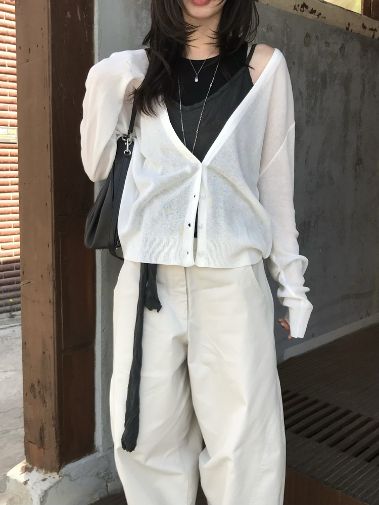 美色微透深V排鈕針織外套