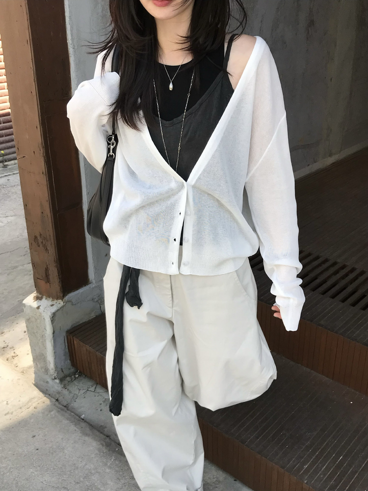 美色微透深V排鈕針織外套