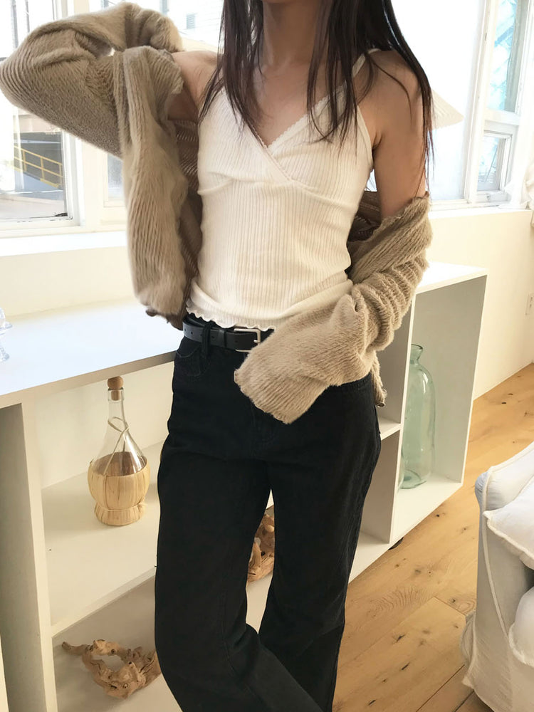 交疊蕾絲捲邊細節背心