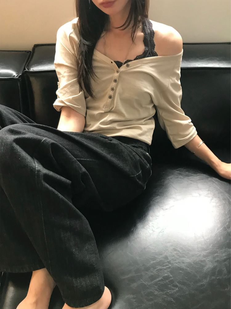 透膚拉克蘭捲袖細節上衣