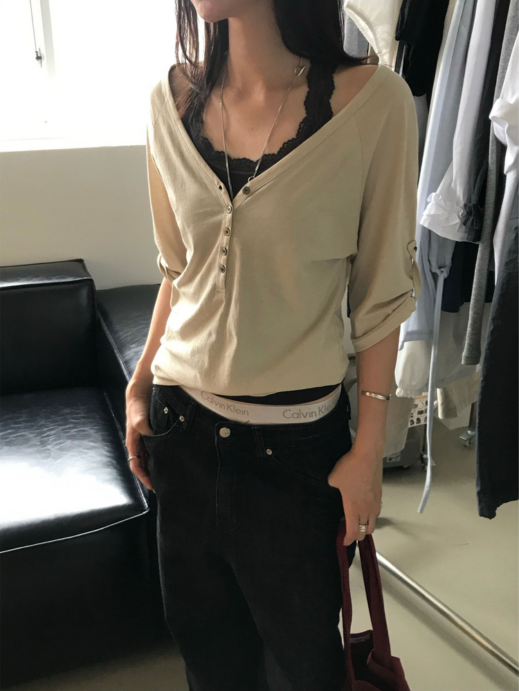 透膚拉克蘭捲袖細節上衣