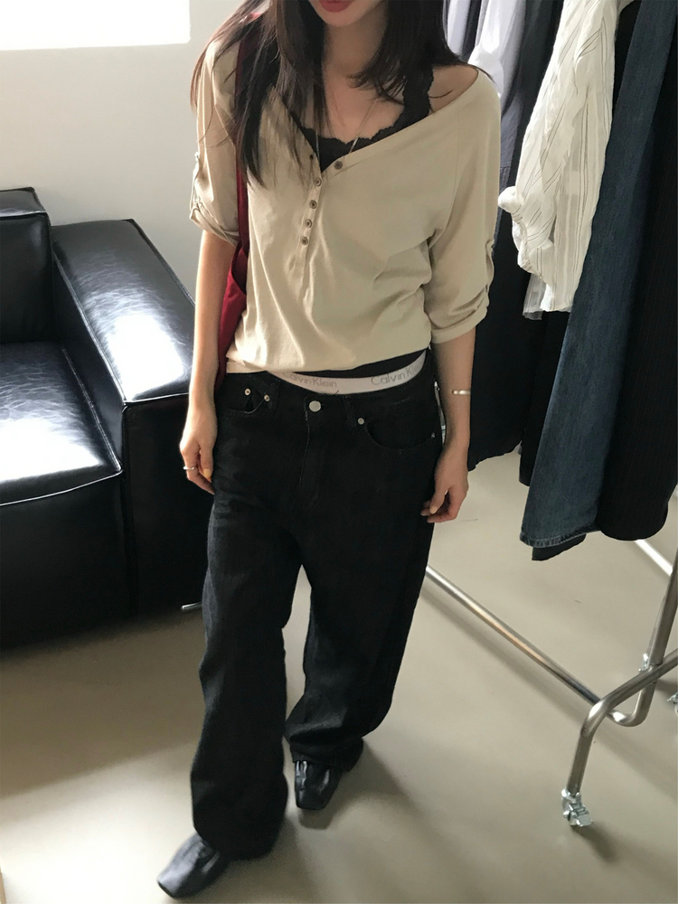 透膚拉克蘭捲袖細節上衣