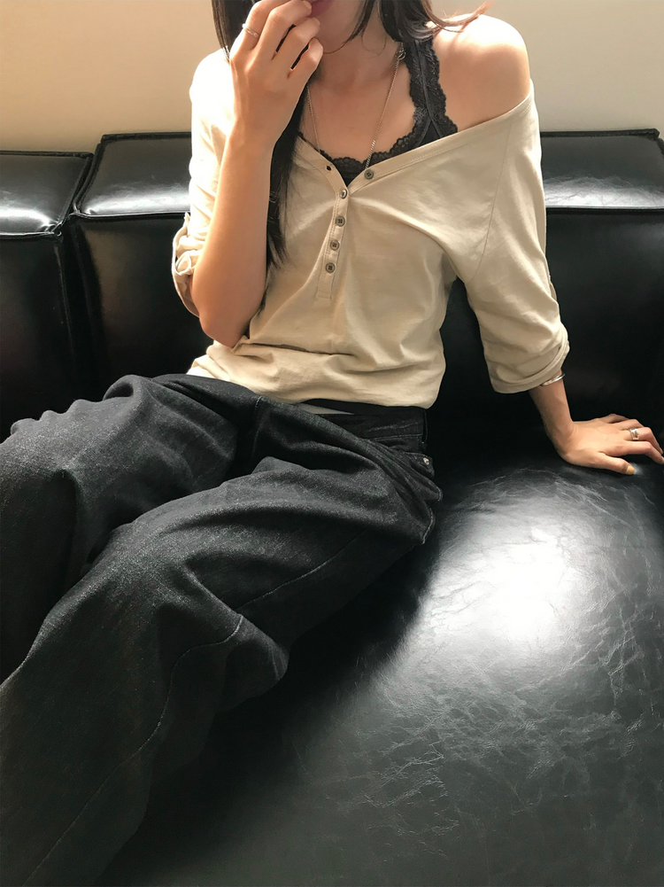 透膚拉克蘭捲袖細節上衣