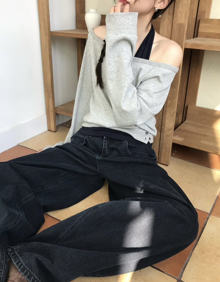 美肩撞色掛脖兩件式上衣