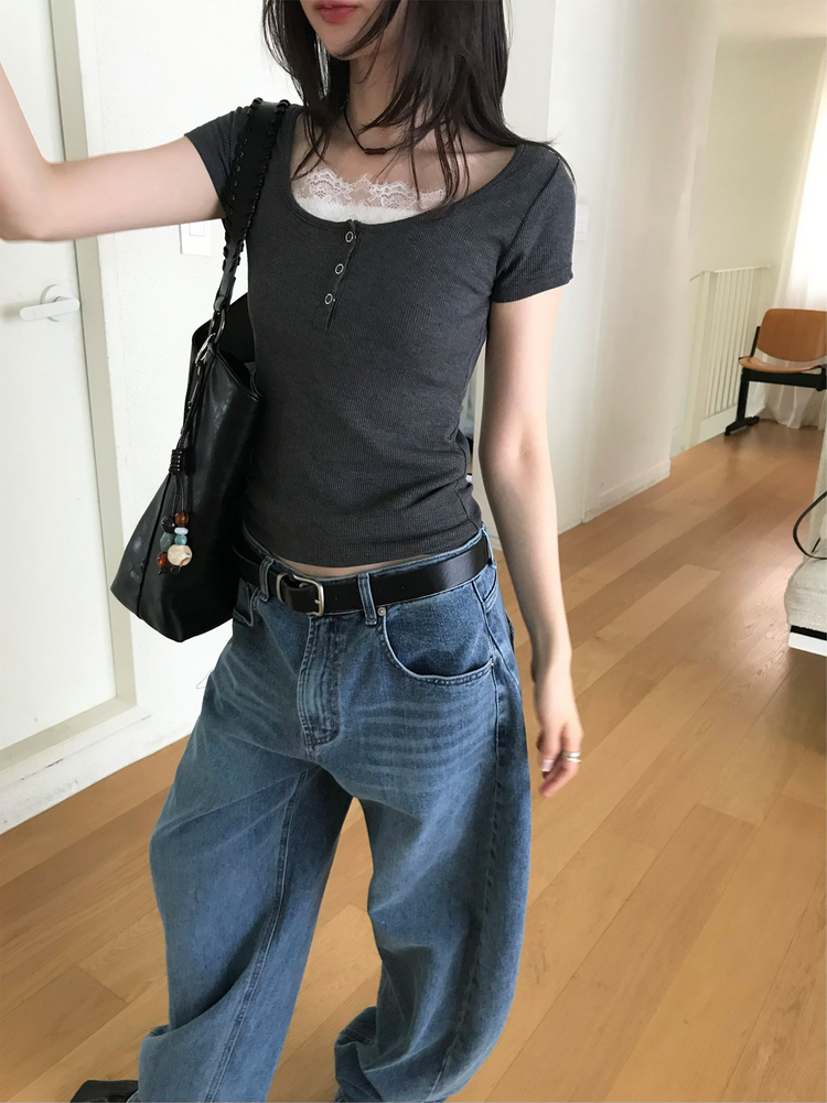 U領暗扣修身細節上衣