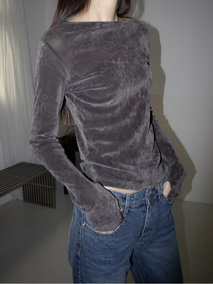 微透美肩絲絨質感上衣