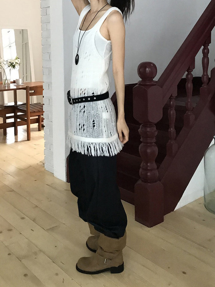 透膚縷空流蘇細節針織背心