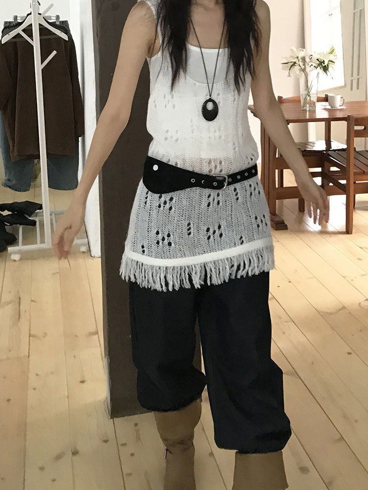 透膚縷空流蘇細節針織背心
