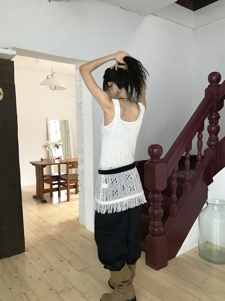 透膚縷空流蘇細節針織背心