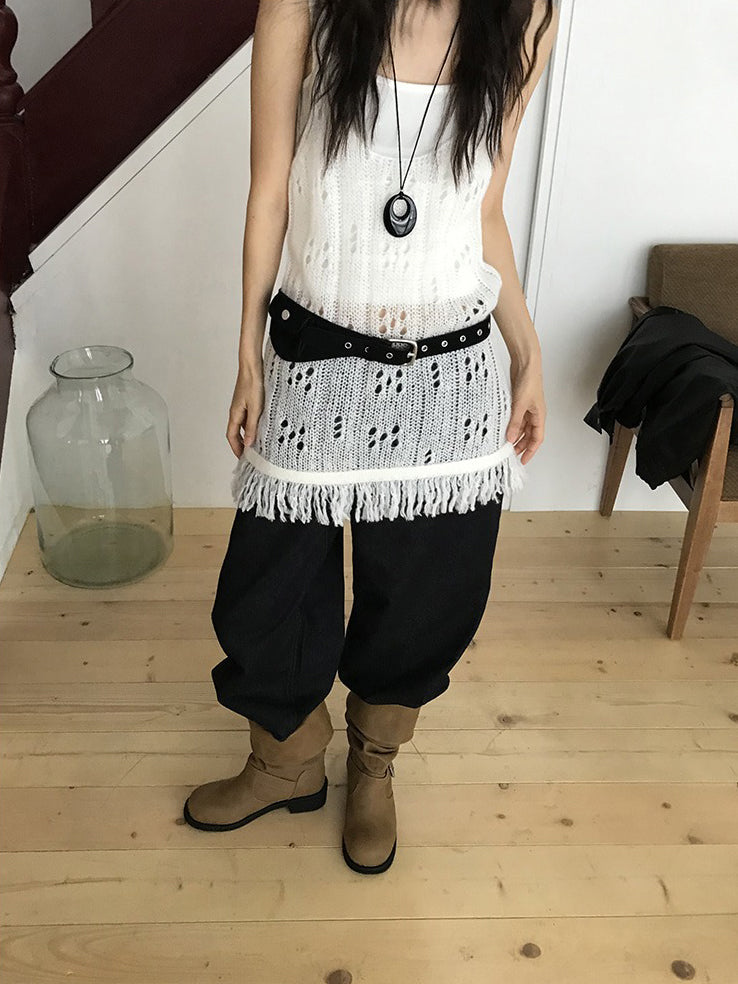 透膚縷空流蘇細節針織背心