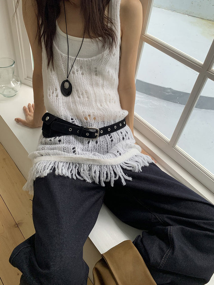 透膚縷空流蘇細節針織背心