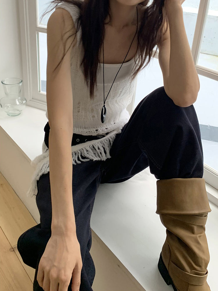 透膚縷空流蘇細節針織背心