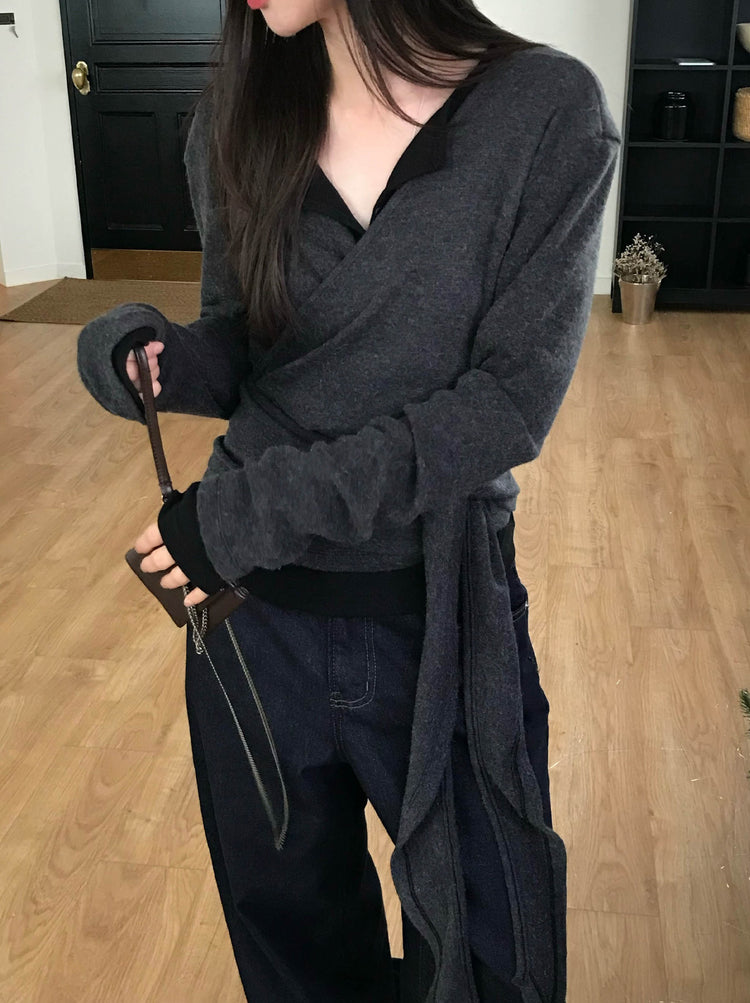 美色交疊綁帶細節針織上衣