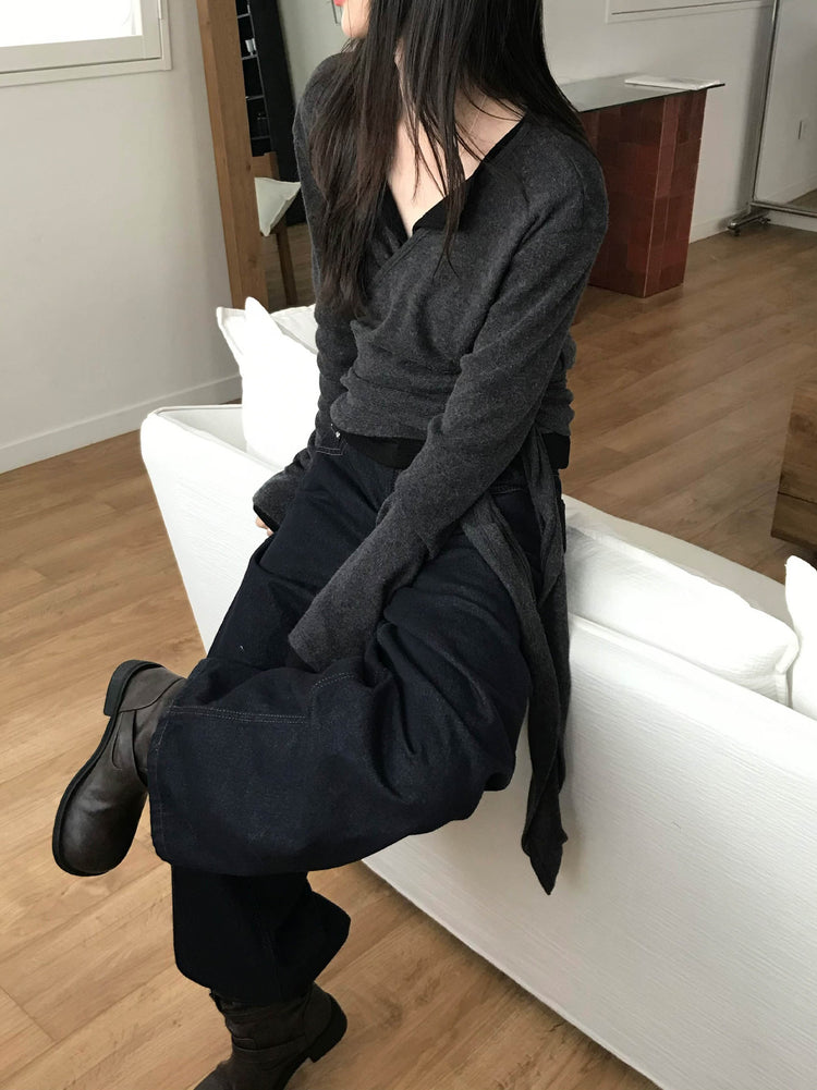 美色交疊綁帶細節針織上衣