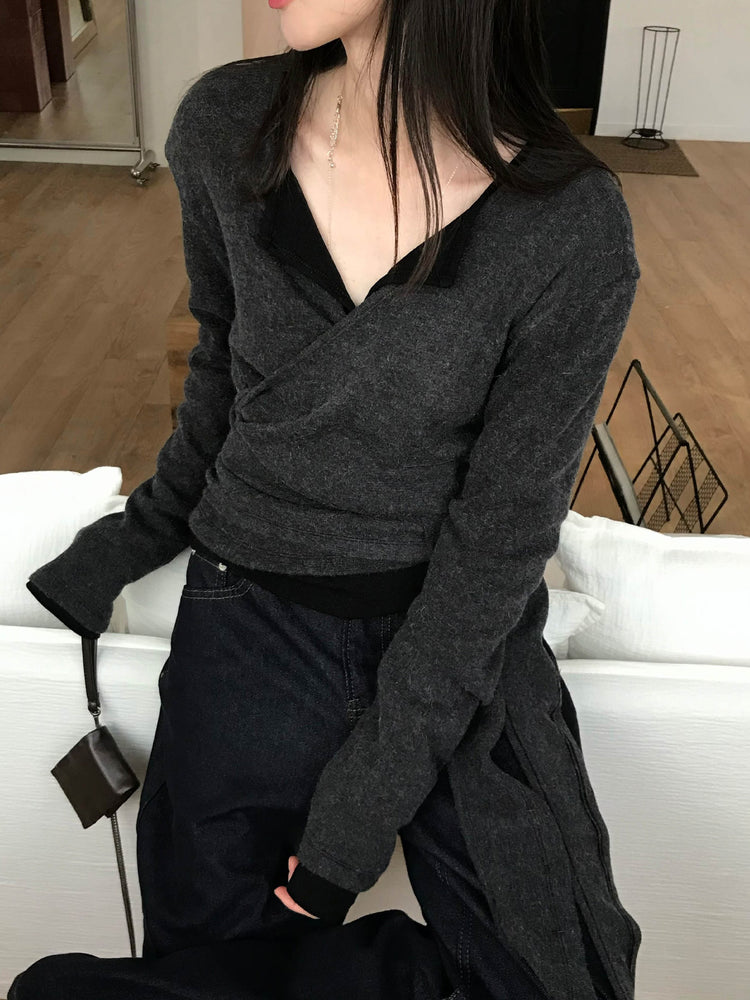 美色交疊綁帶細節針織上衣