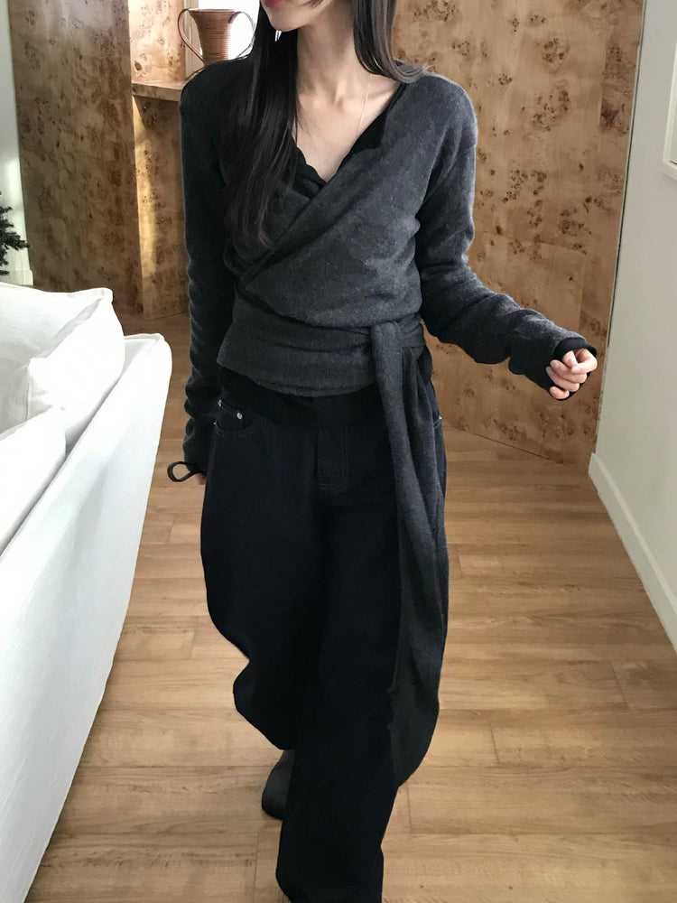 美色交疊綁帶細節針織上衣